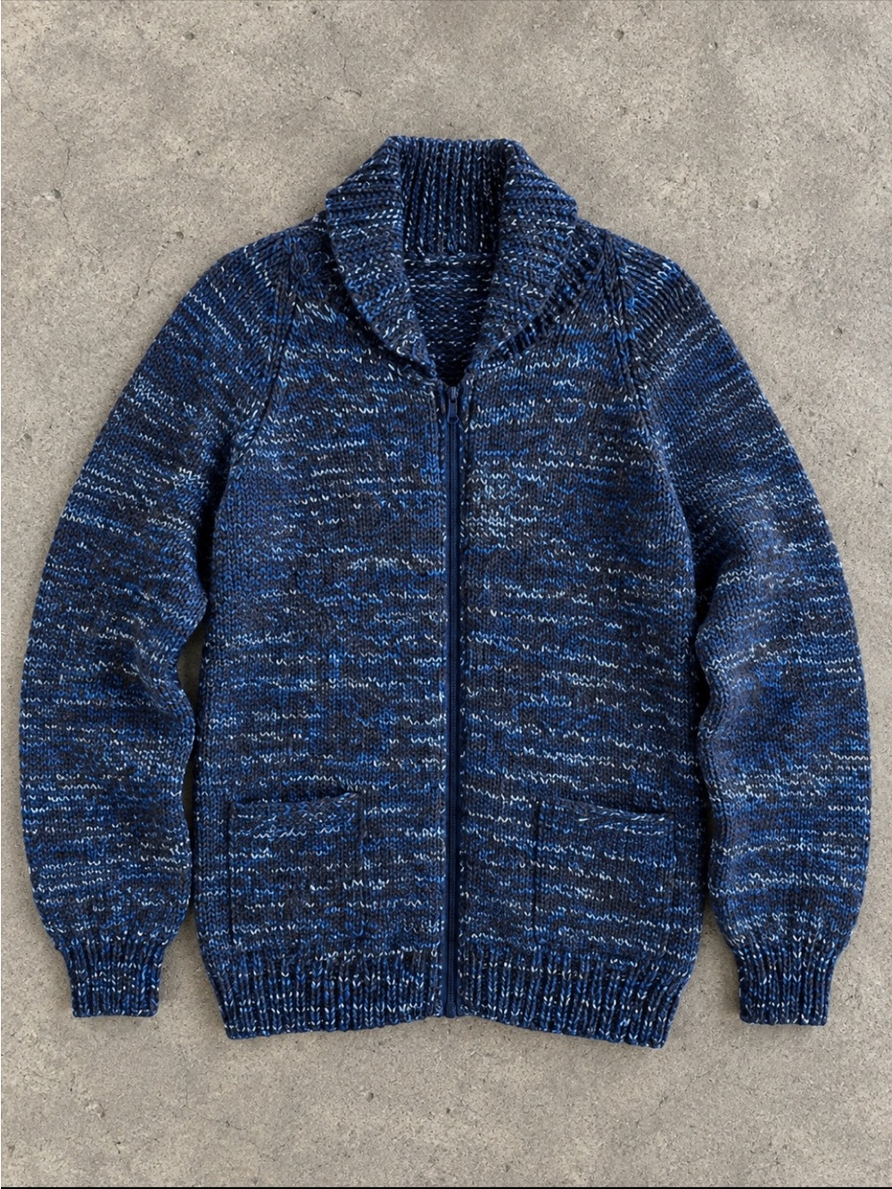 Handmade Blue Marled Knit Zip Up Cardigan Sweater Large Shawl Collar Cozy Chunky